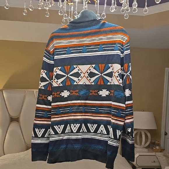 Paul Jones Men's Patterned Cardigan in Blue, Orange, and White - Picture 6 of 15